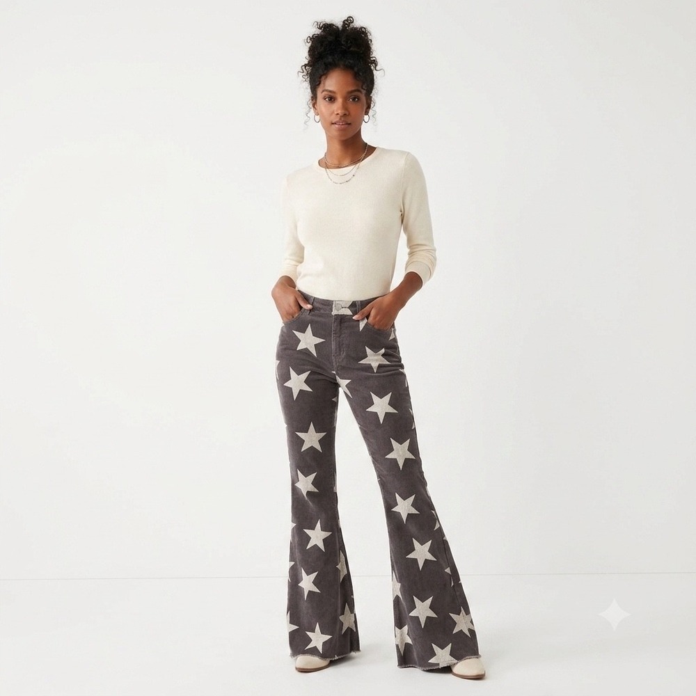 Peach Love California‎ Star Print Corduroy Flare Pants Gray White Womens Large